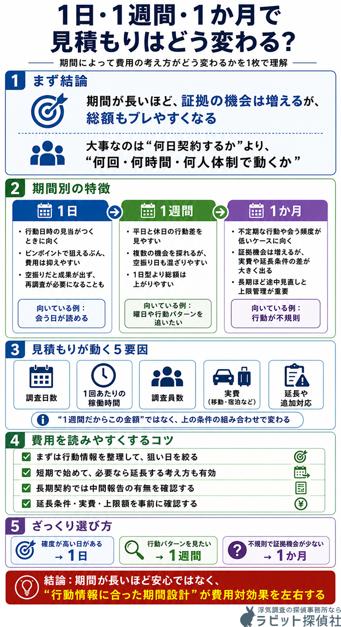 1日と1週間、1ヶ月で浮気調査の費用がどれくらい変わるのか表した図
