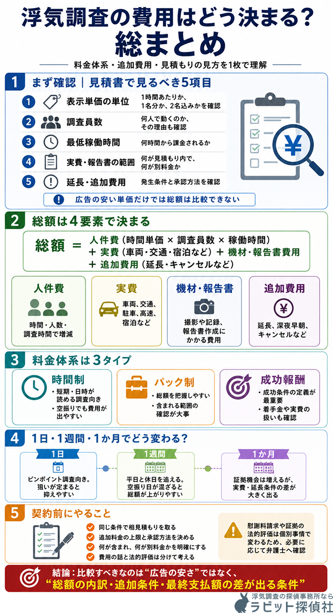 浮気調査の費用が決まる要素を1つの図にまとめた画像