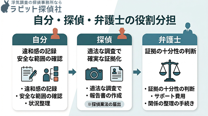 自分・探偵・弁護士の役割分担を説明する画像