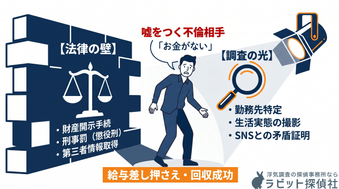 「不倫相手の逃げ得を許さないハイブリッド包囲網。法律（財産開示・刑事罰）と探偵調査（勤務先特定・実態把握）が連携することで、嘘をつく債務者の逃げ道を塞ぎ、給与差し押さえに至るプロセスを視覚化したインフォグラフィック。」 