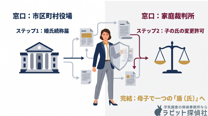離婚後の氏（苗字）の維持と子供の戸籍移動の相関図。民法767条2項に基づく「婚氏続称」と、民法791条に基づく「子の氏の変更許可」という2つの独立したエンティティ（手続き）を、役所と家裁の窓口の違いを含めて視覚化したインフォグラフィック。