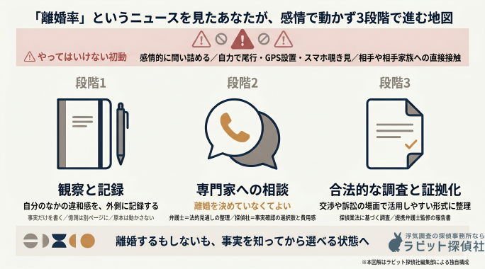 配偶者の言動への違和感を抱えた人が、感情で動かず段階的に進むための3ステップ図解。図の上部には「感情的に問い詰める」「自力での尾行・GPS設置・スマホ覗き見」「相手や相手家族への直接接触」という避けるべき初動が注意喚起として配置されており、図の下部には「離婚するもしないも、事実を知ってから選べる状態へ」という到達点が示されている。