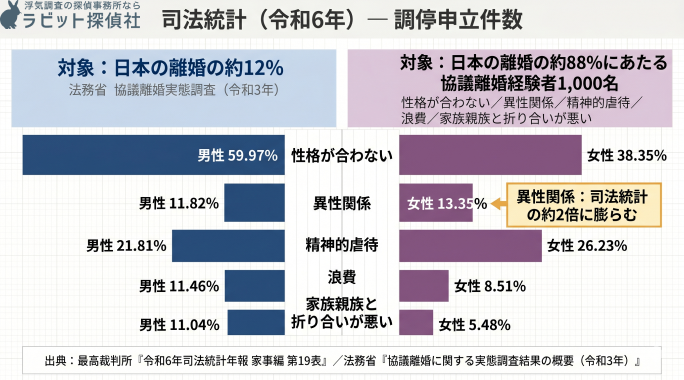 「日本の離婚原因を二つの公的データで比較したインフォグラフィック。左側は最高裁判所『令和6年 司法統計年報 家事編』に基づく離婚調停申立件数の動機ランキング(離婚全体の約12%)、右側は法務省『協議離婚に関する実態調査』に基づく協議離婚経験者の離婚原因(離婚全体の約88%)。中央項目は性格が合わない・異性関係・精神的虐待・浪費・家族親族と折り合いが悪い。異性関係について、司法統計(男性11.82%・女性13.35%)と協議離婚実態調査(23.8%)の間に約2倍の乖離があることが強調枠で示されている。この図は、『司法統計(家庭裁判所の調停事案)』と『協議離婚実態調査(夫婦間の合意による離婚事案)』という二つのエンティティが、同じ