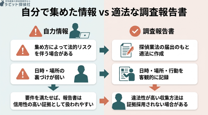 自分で集めた情報と適法な調査報告書の違いを説明する画像