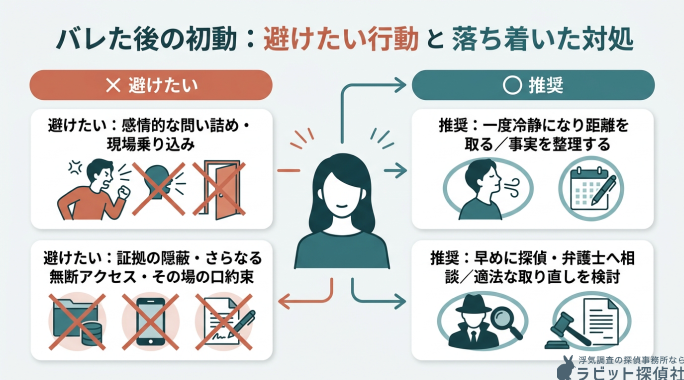 バレた後の初動で避けたい行動と落ち着いた対処を説明する画像