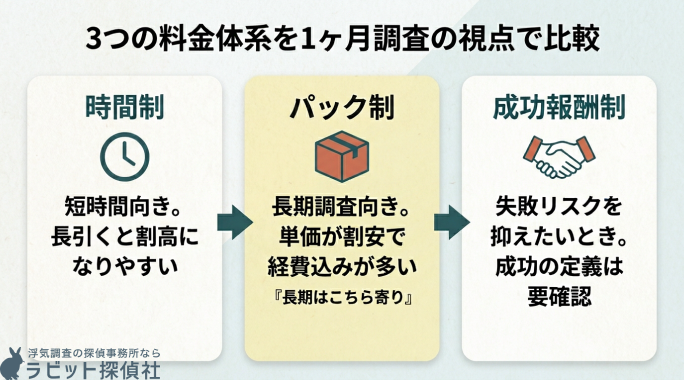 3つの料金体系を1ヶ月調査の視点で比較した画像