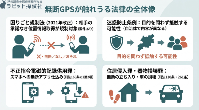 無断GPSが触れうる法律の全体像を説明する画像
