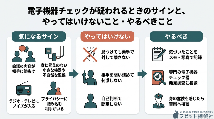 盗聴器の設置や使用が疑われるときのサインと、やってはいけないこと・やるべきこと