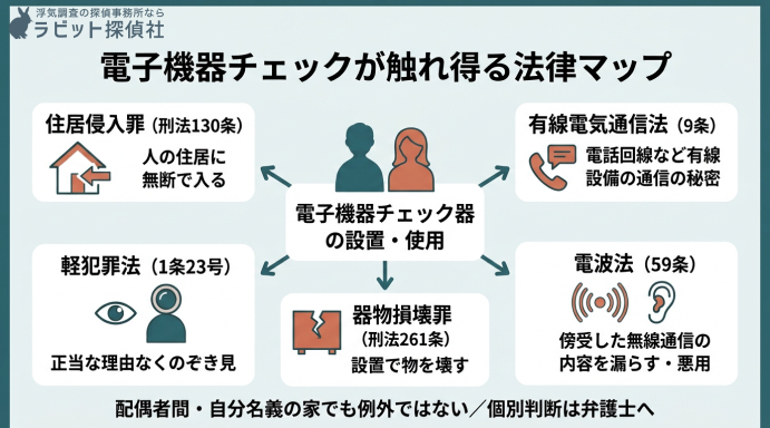 盗聴器の設置や使用が触れ得る法律マップ