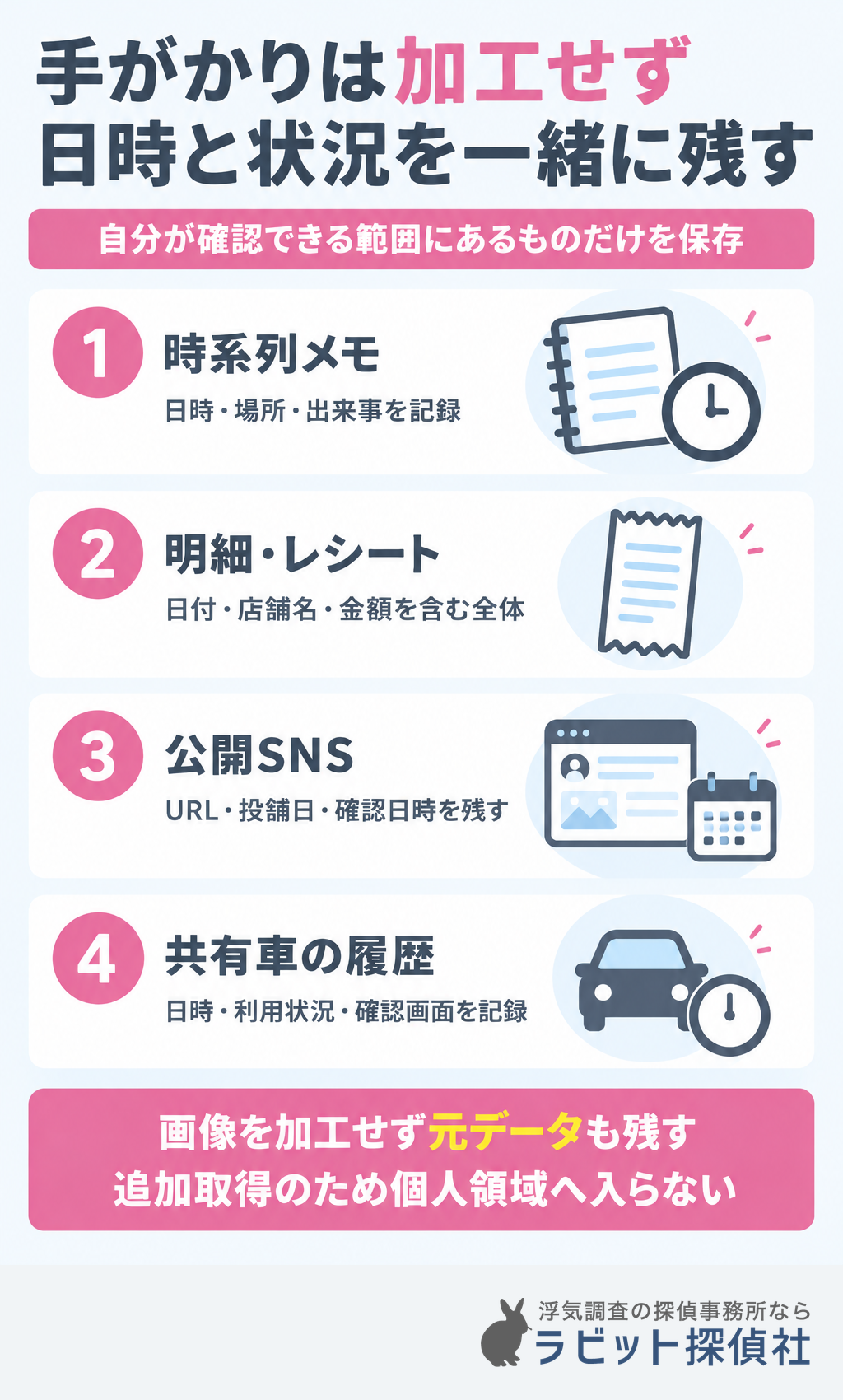 浮気の手がかりを加工せず日時と状況とともに残す4つのポイント