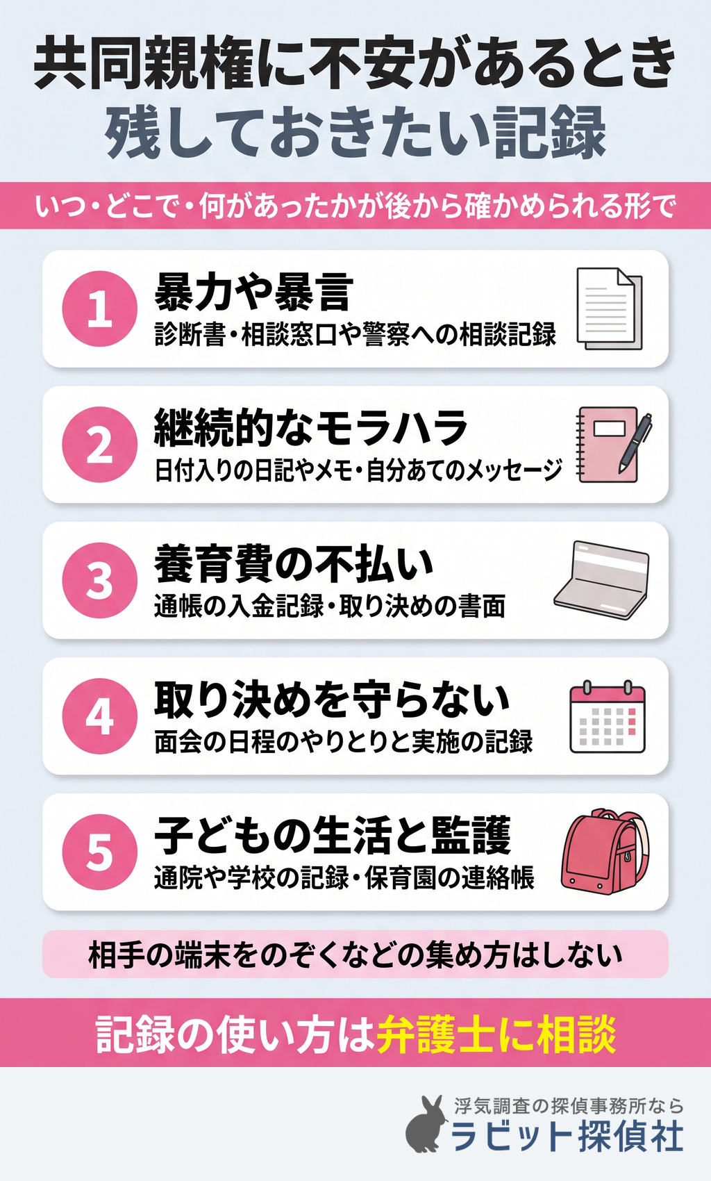 共同親権の話し合いや手続きに備えて残しておきたい記録の例